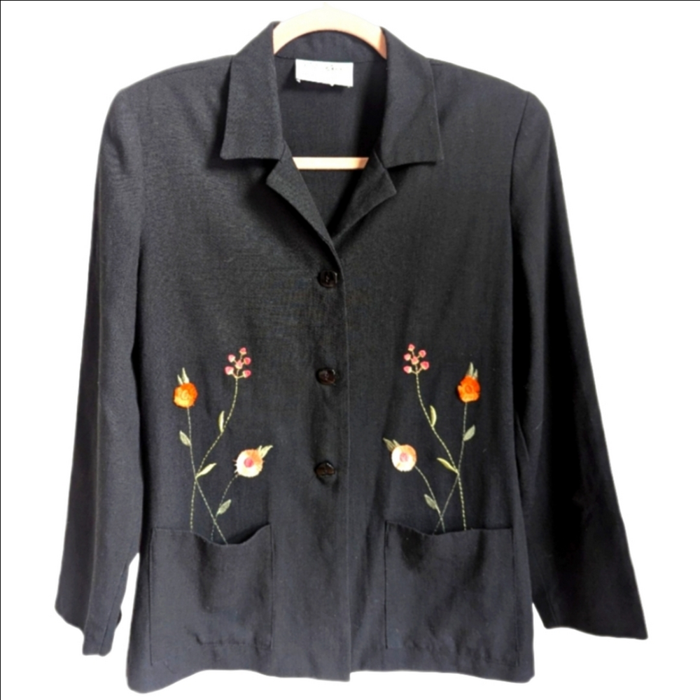 VINTAGE Black Floral Embroidery Retro Dainty Simple Breasted Blazer Size Medium